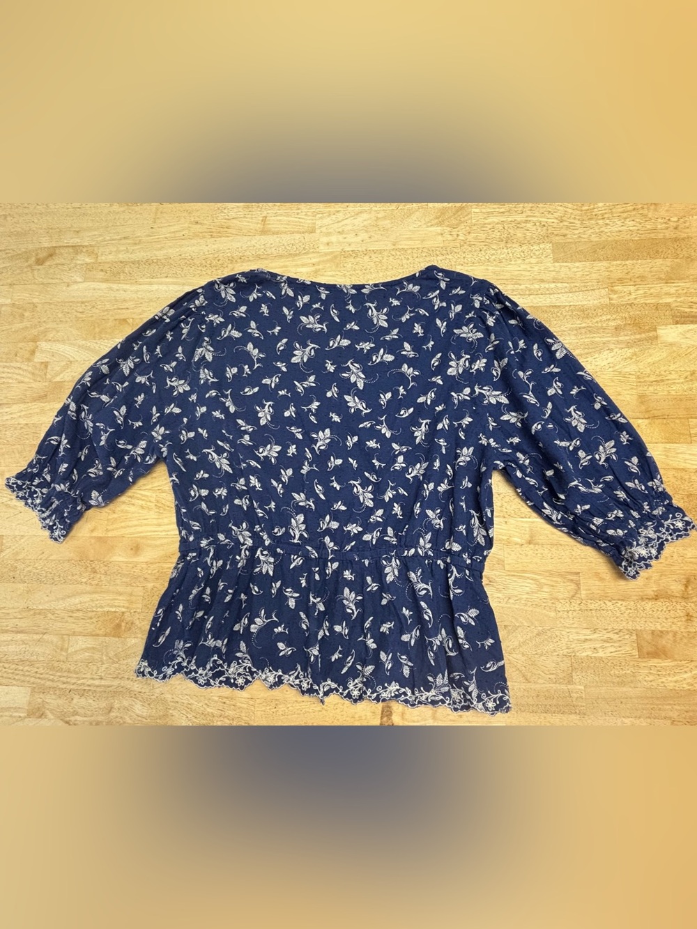Democracy Navy Blue Boho Floral Embroidered Peplum Top Boho Chic Size L - Picture 5 of 5